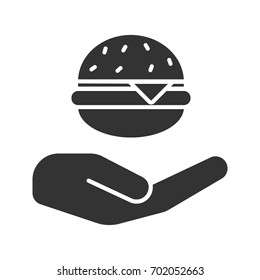 Open hand with hamburger glyph icon. Silhouette symbol. Cheeseburger for free. Negative space. Vector isolated illustration
