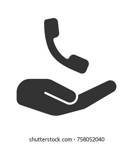 Open hand with handset glyph icon. Hotline. Silhouette symbol. Phone calling. Negative space. Vector isolated illustration