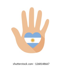 Open hand with a heart shape and Argentina flag. Hand and five fingers.Vector icon, sign, symbol.
