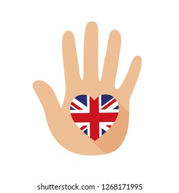 Open hand with a heart shape and Britain flag. Hand and five fingers.Vector icon, sign, symbol.