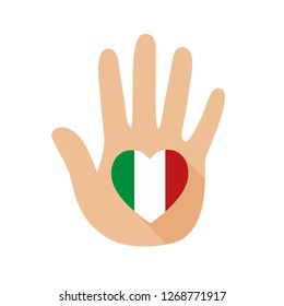 Open hand with a heart shape and Italy flag. Hand and five fingers.Vector icon, sign, symbol.
