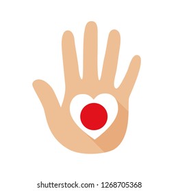 Open hand with a heart shape and Japan flag. Hand and five fingers.Vector icon, sign, symbol.