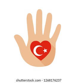 Open hand with a heart shape and Turkey flag. Hand and five fingers.Vector icon, sign, symbol.