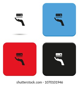 Open hand holding credit card flat vector icon.