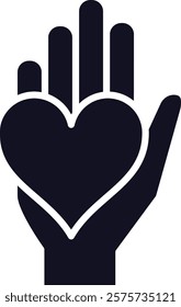 Open hand holding a heart shape icon representing love, care, charity, donation, healthcare, help, assistance, togetherness, solidarity, hope, romance kindness affection fondness and bonding