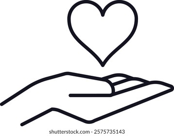 Open hand holding a heart shape, symbolizing love, care, charity, donation, healthcare, and offering help and support, simple line art vector icon