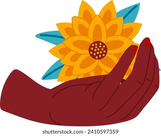 Offene Hand, die eine große, lebendige stylisierte Blume mit gelben und orangefarbenen Blüten hält. Spirituelle und friedliche Vektorgrafik.