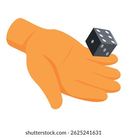 Open hand holding a single black dice ready for craps or other gambling games
