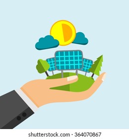 Open Hand Holding Solar Panels With Trees And Sun Above
