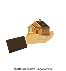 Open hand holds the house. The concept of selling, renting out real estate, mortgages, loans, insurance. Color vector illustration of a flat style. White isolated background.