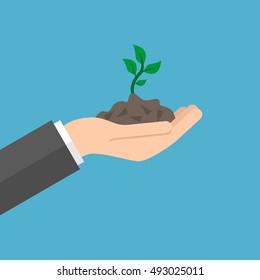 Open hand holds young sprout on blue background. Care, new life and success concept. Flat design. Vector illustration. EPS 8, no transparency