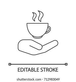 Open hand with hot drink cup linear icon. Free teacup, coffee cup. Thin line illustration. Coffee house. Contour symbol. Vector isolated outline drawing. Editable stroke