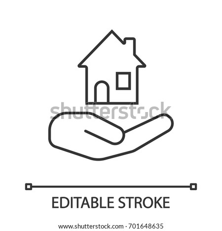 Open hand with house linear icon. House rent, buying. Thin line illustration. Real estate insurance. Contour symbol. Vector isolated outline drawing. Editable stroke