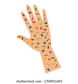 Mano abierta, palma humana con virus, bacterias y microbios. Arte vectorial aislado