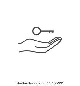 Open hand icon with key icon. Vector illustration. Flat design.