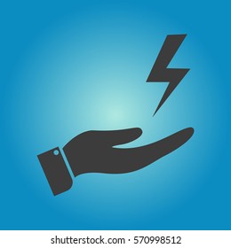 Open hand icon and lightning, energy, power. Flat vector illustration in black on white background. EPS 10