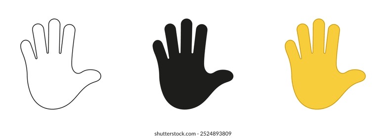 Icono de mano abierta. Símbolo de Emoji de Stop Gesture. Signo de cinco gestos altos. Icono de saludos. Trazo Editable. Ilustración vectorial aislada.