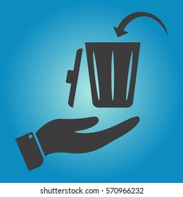 Open hand icon and trashcan lid,. Vector illustration, tag icon. Flat design style 