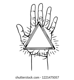 Open hand with infinite triangle symbol. Spirituality, astrology and esoteric concept. Black and white hand drawn illustration.