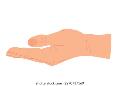 Open hand looking up for praying and asking. Palm hand up. Gesture with hand. Vector flat illustration.