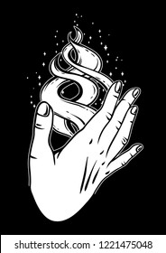 Open hand with magic fire. Spirituality, astrology and esoteric concept. Black and white hand drawn illustration.