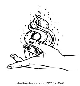 Open hand with magic fire. Spirituality, astrology and esoteric concept. Black and white hand drawn illustration.