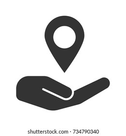 Open hand with map pinpoint glyph icon. Silhouette symbol. GPS navigation. Negative space. Vector isolated illustration