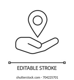 Open hand with map pinpoint linear icon. GPS navigation. Thin line illustration. Contour symbol. Vector isolated outline drawing. Editable stroke