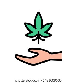 Mano abierta con icono de color de hoja de marihuana. Iconos planos de Cannabidiol. Legalización del cannabis. Símbolo simple. dibujo aislado de Vector