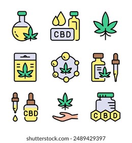 Open hand with marijuana leaf color icons set. Cannabidiol flat icons collection. Cannabis legalization. Simple symbols. Vector isolated drawing