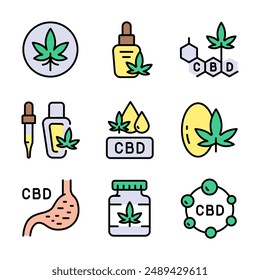Mano abierta con conjunto de iconos de color de hoja de marihuana. Colección de iconos planos de Cannabidiol. Legalización del cannabis. Símbolos simples. dibujo aislado de Vector