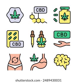 Open hand with marijuana leaf color icons set. Cannabidiol flat icons collection. Cannabis legalization. Simple symbols. Vector isolated drawing