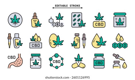 Open hand with marijuana leaf icons set. Editable stroke. Cannabidiol flat icons collection. Cannabis legalization. Simple symbols. Vector isolated drawing