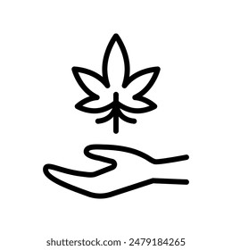 Mano abierta con icono lineal de hoja de marihuana. Iconos lineales de cannabidiol. Legalización del cannabis. Símbolo de contorno. dibujo de contorno aislado de Vector