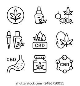 Open hand with marijuana leaf linear icons set. Cannabidiol linear icons collection. Cannabis legalization. Contour symbols. Vector isolated outline drawing