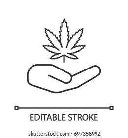 Open Hand With Marijuana Leaf Linear Icon. Thin Line Illustration. Cannabis Legalization. Contour Symbol. Vector Isolated Outline Drawing