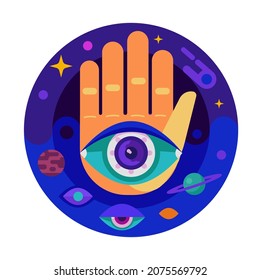 Open hand with the masonic all-seeing eye on palm. Eye of Providence occult icon with witchcraft and magic sign depicting stars and planets in flat design.