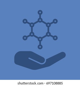 Open hand with molecule glyph color icon. Chemical engineering. Silhouette symbol. Negative space. Vector isolated illustration
