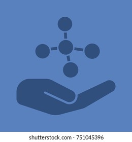 Open hand with molecule glyph color icon. Chemical engineering. Silhouette symbol. Chemical contamination prevention. Negative space. Vector isolated illustration