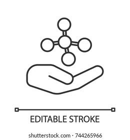 Open hand with molecule linear icon. Chemical contamination prevention. Thin line illustration. Chemical engineering. Contour symbol. Vector isolated outline drawing. Editable stroke