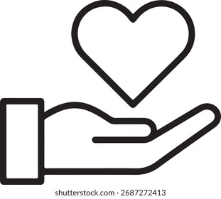 Open hand offering a heart symbol representing love care and support in a simple line art style