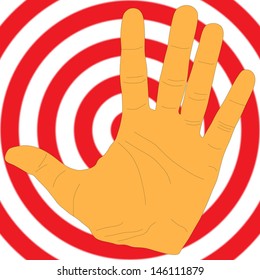 Open hand over target background. Isolated vector, stop drugs, stop drinking, stop violence, illustration circle red and white, 