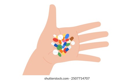 Open hand palm with Medication - various colorful pill, capsule,, anti-depressant, painkillers. Medicine and Health care concept. Simplicity flat vector illustration, isolated