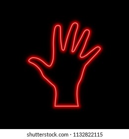 Open hand, palm neon sign. Bright glowing symbol on a black background. Neon style icon. 