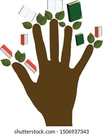 open hand palm with pointed leaves and books