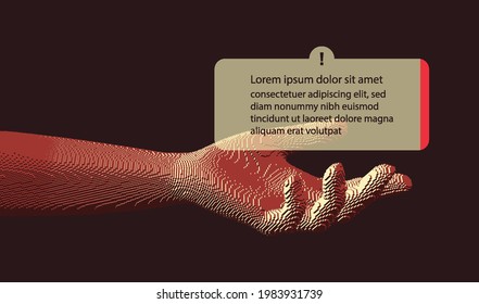 Open hand palm with template for text. Pixel cube art. 3D vector illustration. Can be used for advertising, marketing or presentation.