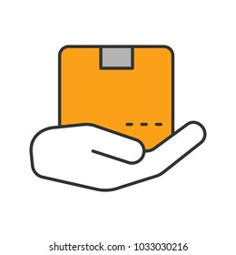 Open hand with parcel color icon. Isolated vector illustration