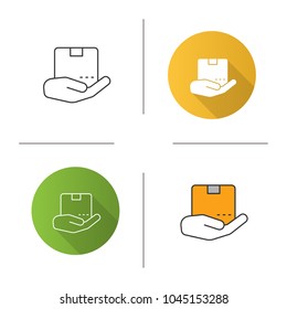 Open hand with parcel icon. Flat design, linear and color styles. Delivery service. Cargo insurance. Isolated vector illustrations