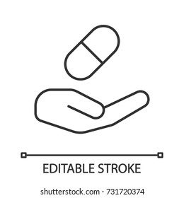 Open hand with pill linear icon. Medicaments supply. Thin line illustration. Medicine offer. Contour symbol. Vector isolated outline drawing. Editable stroke