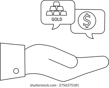 An open hand proffers gold and icons in speech bubbles